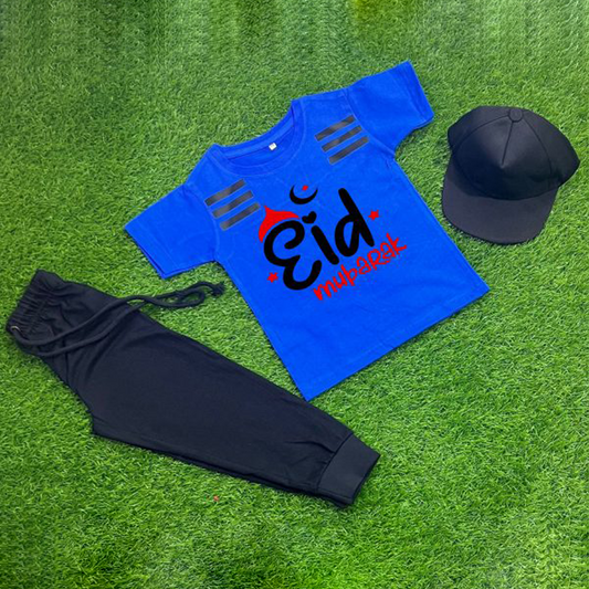 Copy of Pack Of 3 Eid Mubarak Tracksuit For Kid Shirt Trouser Cap (Blue)