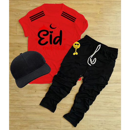 Pack Of 3 Eid Mubarak Tracksuit For Kid Shirt Trouser Cap (Red)