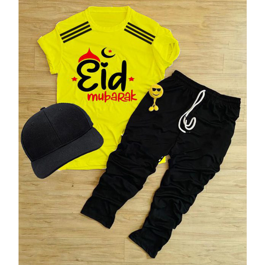 Copy of Copy of Pack Of 3 Eid Mubarak Tracksuit For Kid Shirt Trouser Cap (Yellow)