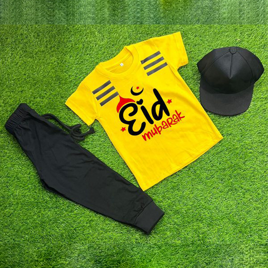 Copy of Copy of Pack Of 3 Eid Mubarak Tracksuit For Kid Shirt Trouser Cap (Yellow)