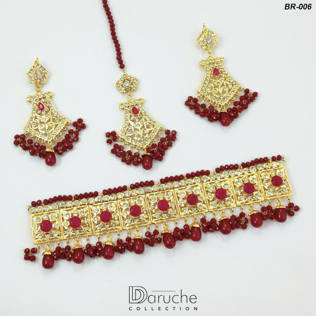 Gold Plated Maroon Zircon & Pearl Bridal Set