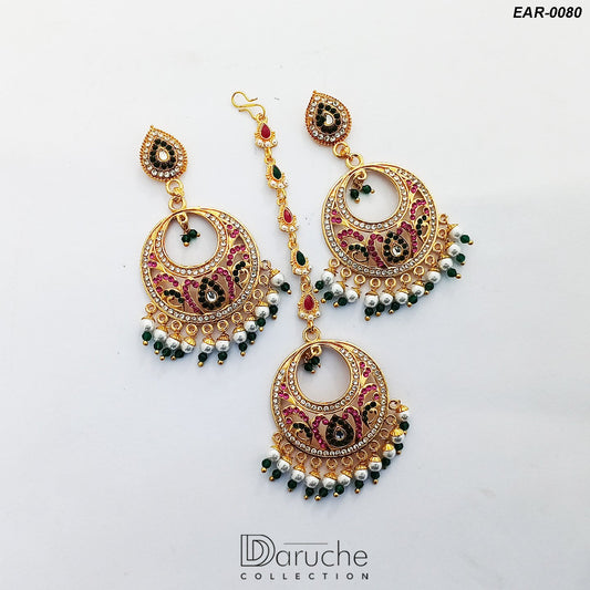 Gold Plated Zircon Earrings & Tikka (EAR-0080)