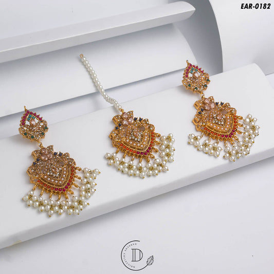 Stunning Gold Plated Naurattan Earrings & Tikka