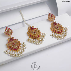 Exclusive Gold Plated Maroon Earrings & Tikka