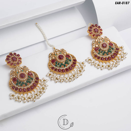 Classic Maroon & Green Earrings & TIkka