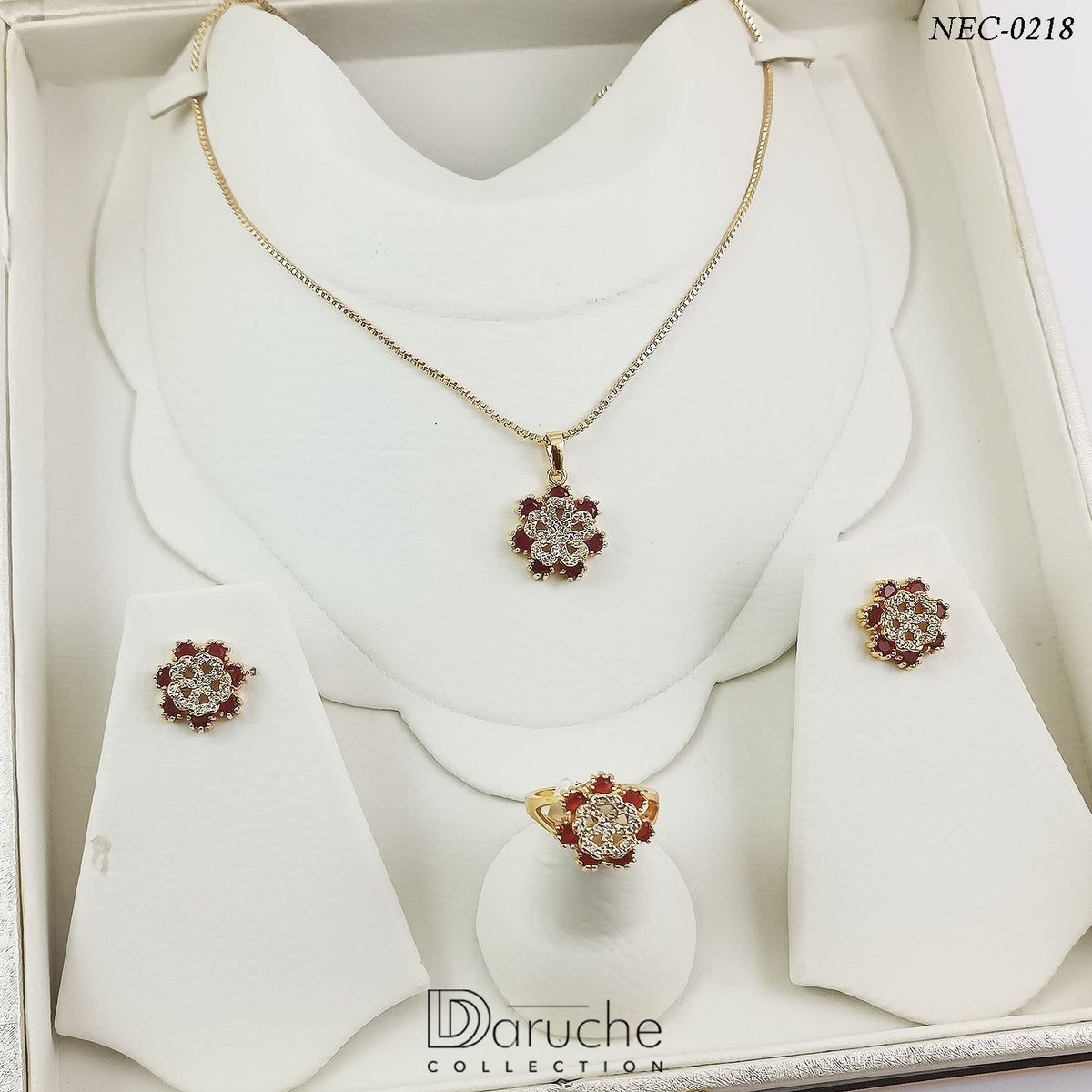 Gold Plated Ruby & White Zircon Stone Necklace Set