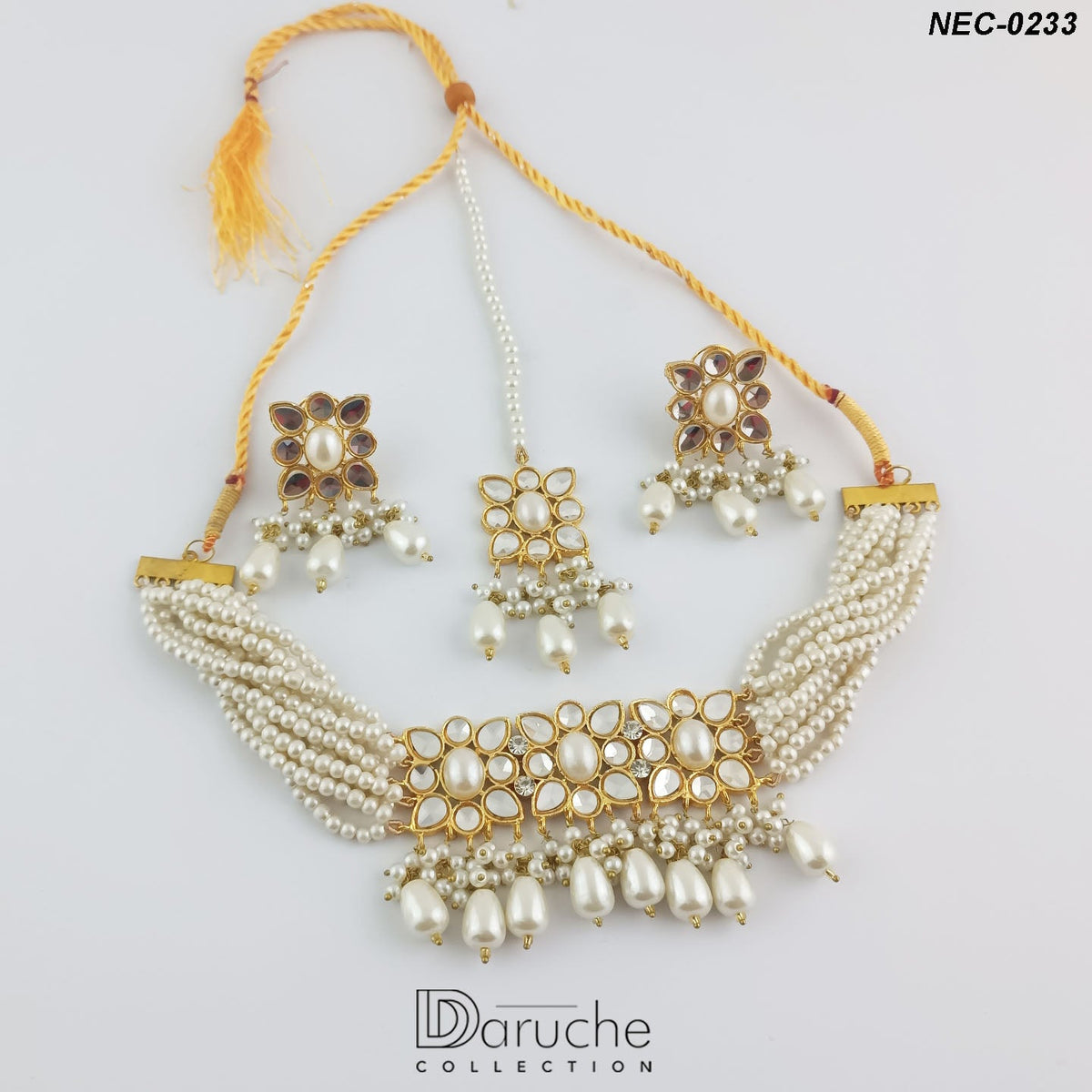 Gold Plated Kundan Stones & White Pearls Necklace Set