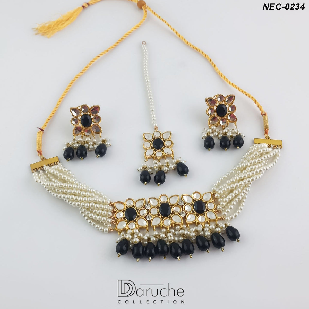 Gold Plated Kundan Stones & Black Pearls Necklace Set