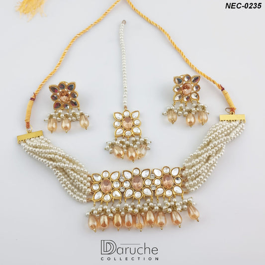 Gold Plated Kundan Stones & Champagne Pearls Necklace Set