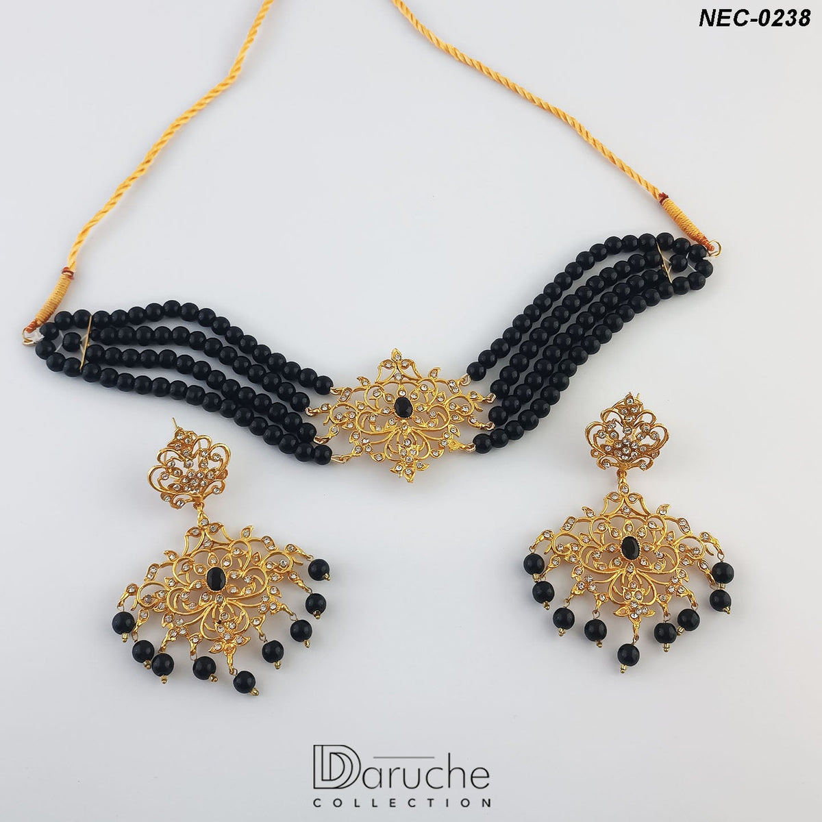 Gold Plated Zircon Stones & Black Pearls Necklace Set