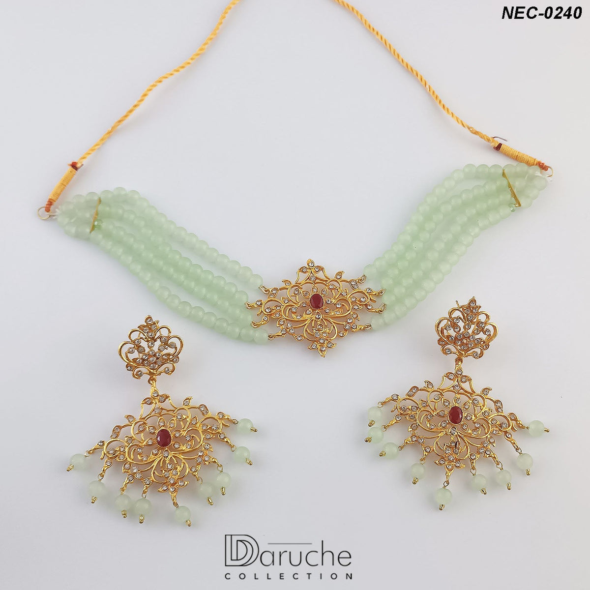 Gold Plated Zircon Stones & Mint Green Pearls Necklace Set