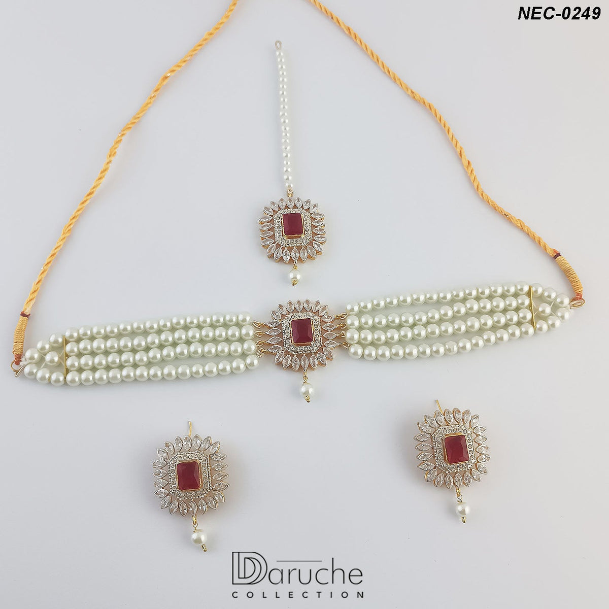 Gold Plated Maroon & White Zircon Stones Necklace Set