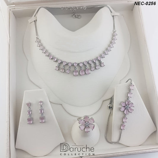 Silver Plated Pink American Diamond Combo Set