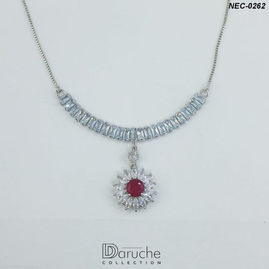 Silver Plated Ruby & White Cubic Zircon Stone Necklace Set