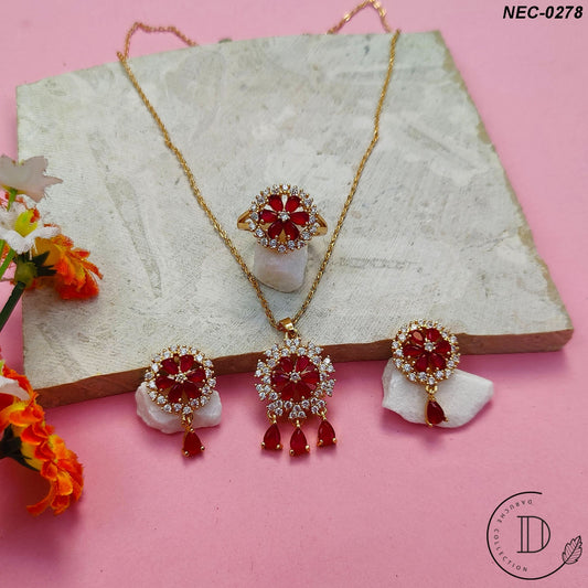 Gold Plated Maroon & White Zircon Stone Necklace Set