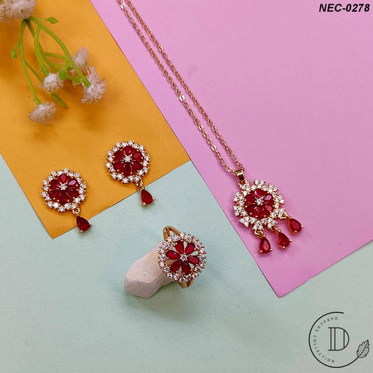 Gold Plated Maroon & White Zircon Stone Necklace Set