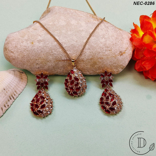 Gold Plated Maroon & White Zircon Stone Necklace Set