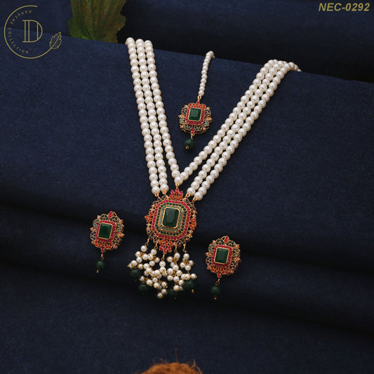 Gold Plated Green Naurattan Necklace Set