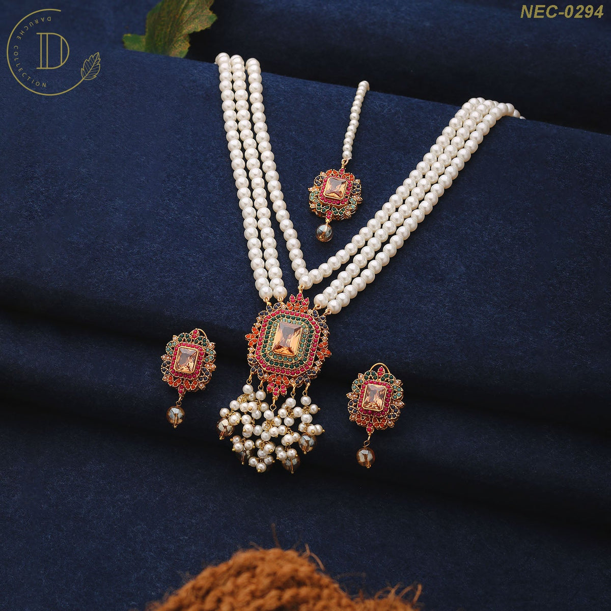 New Gold Plated Champagne Naurattan Necklace Set