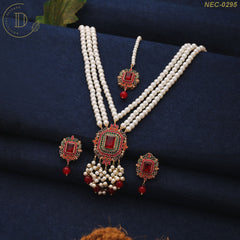 Gold Plated Maroon Naurattan Necklace Set