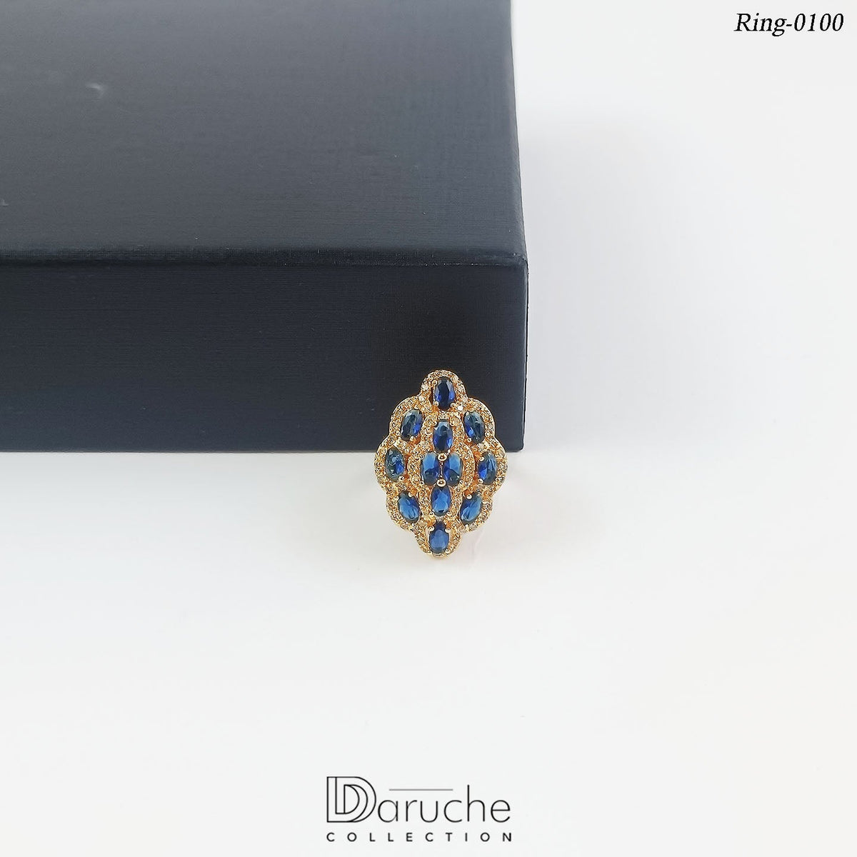 Gold Plated Navy Cubic Zircon Stone Adjustable Ring