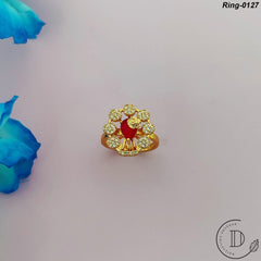 Gold Plated Maroon & White Cubic Zircon Stone Adjustable Finger Ring